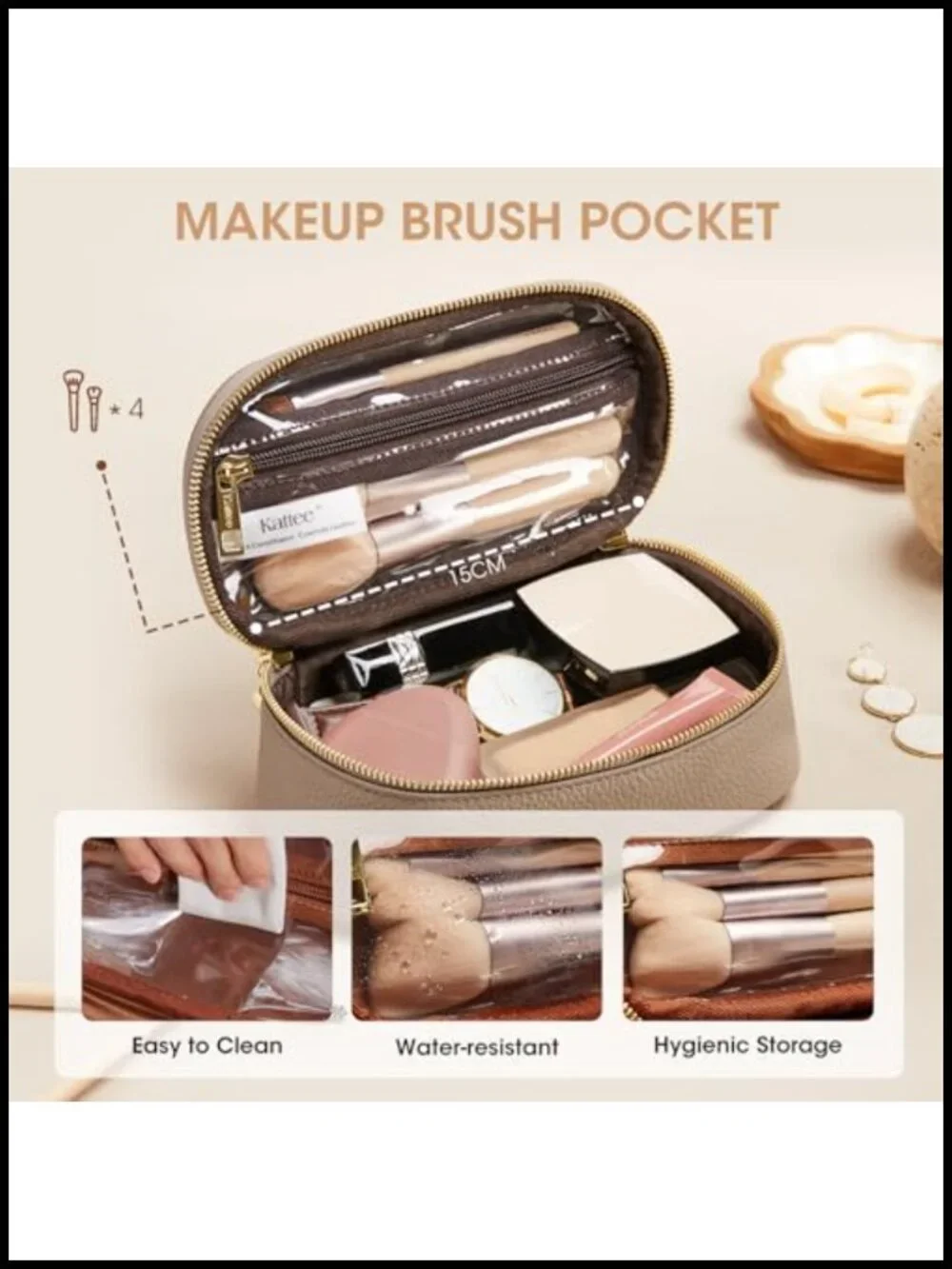 Genuine Leather Makeup Bag with Handle - Portable Travel Cosmetic Toiletry